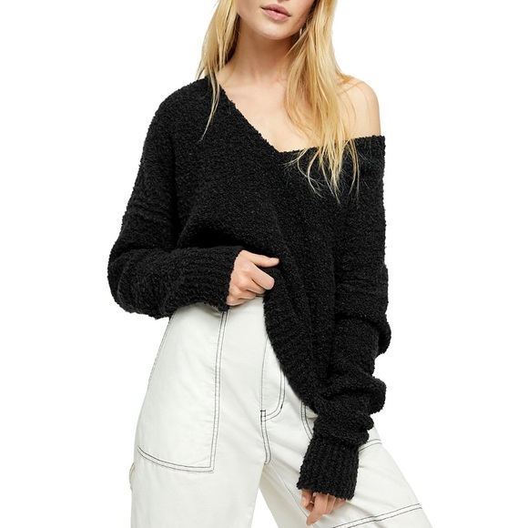 Free People Sweaters - Free People Finders Keepers Boucle Knit V Neck Black Sweater Top